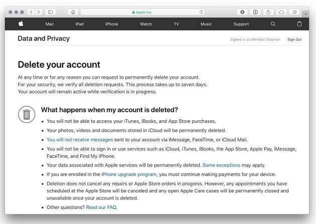 How to delete account using Apple's data and privacy portal