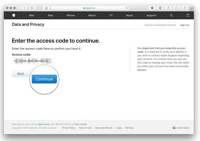 access code again - delete your apple account
