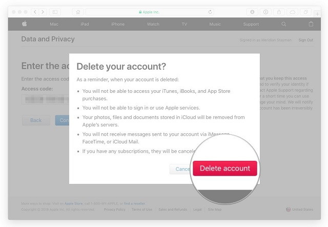 delete account Apple's data and privacy portal