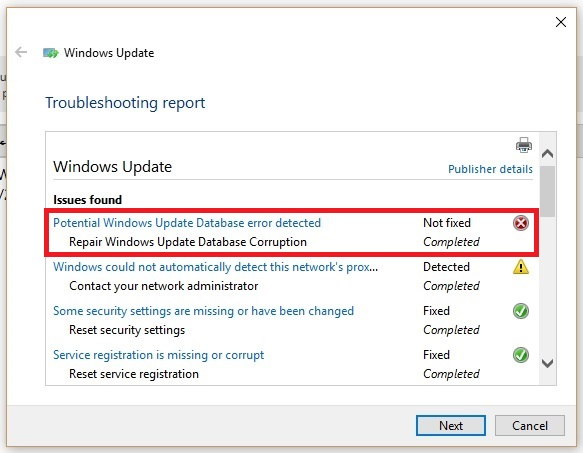 Potential Windows Update Database Error Detected