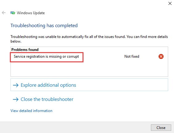 Service Registration is Missing or Corrupt in Windows 10