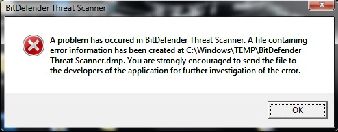 A Problem Has Occurred in BitDefender Threat Scanner
