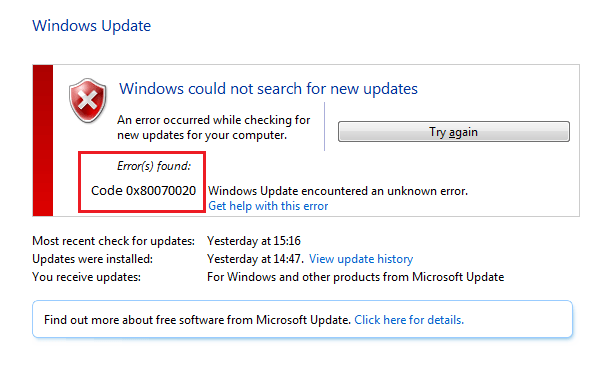Update Error 0x80070020 in Windows 10