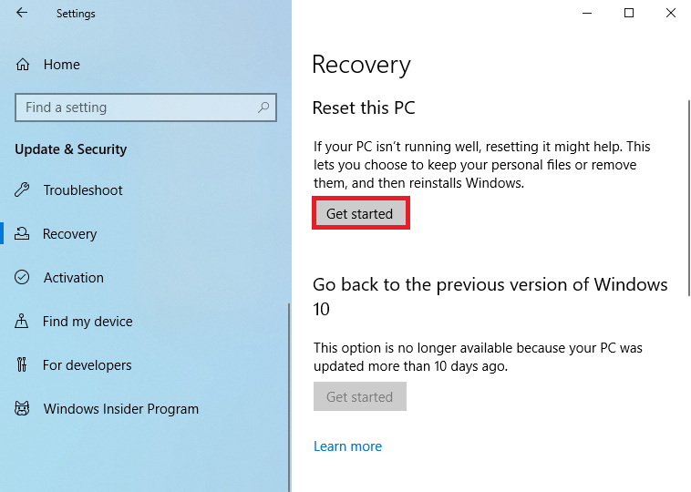 restore computer to factory settings windows 10