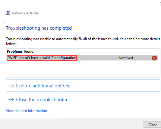 WiFi Doesn't Have A Valid IP Configuration Windows 10