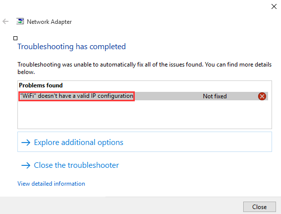 WiFi Doesn't Have A Valid IP Configuration Windows 10